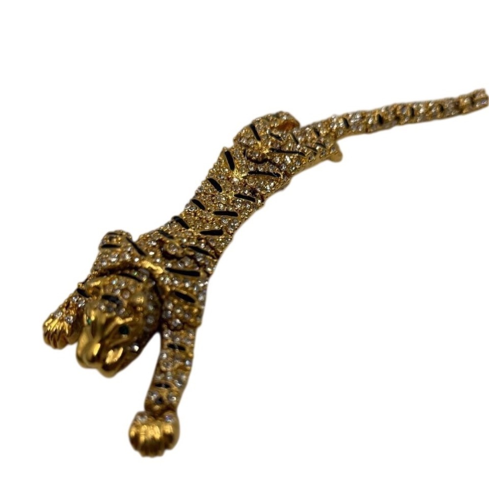 Gold Tone Articulated Tiger Brooch Rhinestone Enamel Animal Statement Pin 5"‎